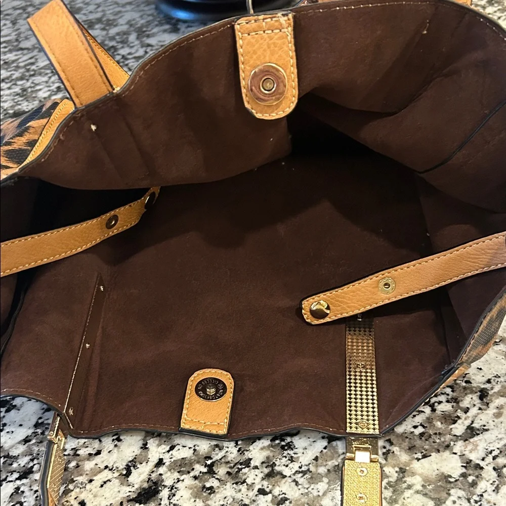Boutique Tan and Leopard Print faux leather Tote with velvet lined interior
